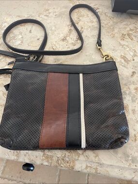 Maya Moon Perforated Black Leather Crossbody with Brown and White Stripes